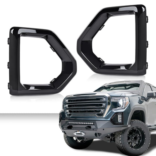 G-PLUS Front Fog Light Outer Bezel Cover Set Compatible with GMC Sierra 2019 2020 2021 Denali SLT AT4 (NOT fit SLE, Base or Elevation Models) 84176753, 84176752 Glossy Black Left&Right