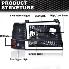 G-PLUS LED DRL Headlights for Ford Bronco F150 F250 F350 1992-1996 Black Housing Front View