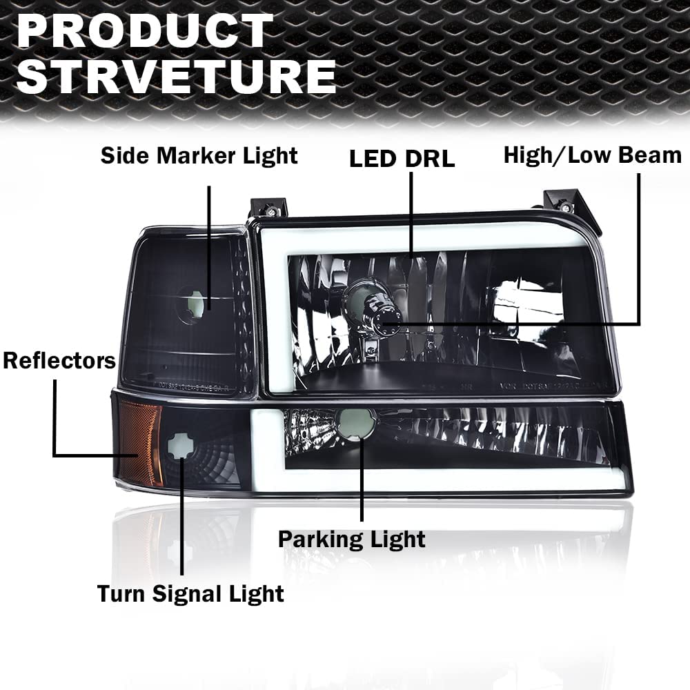 G-PLUS LED DRL Headlights Fit Ford Bronco F150 F250 F350 1992-1996,Fit w/Halogen Headlights Only,Bumper Headlamps, Left & Right Clear Lens Black Housing Amber Reflector,faros delanteros