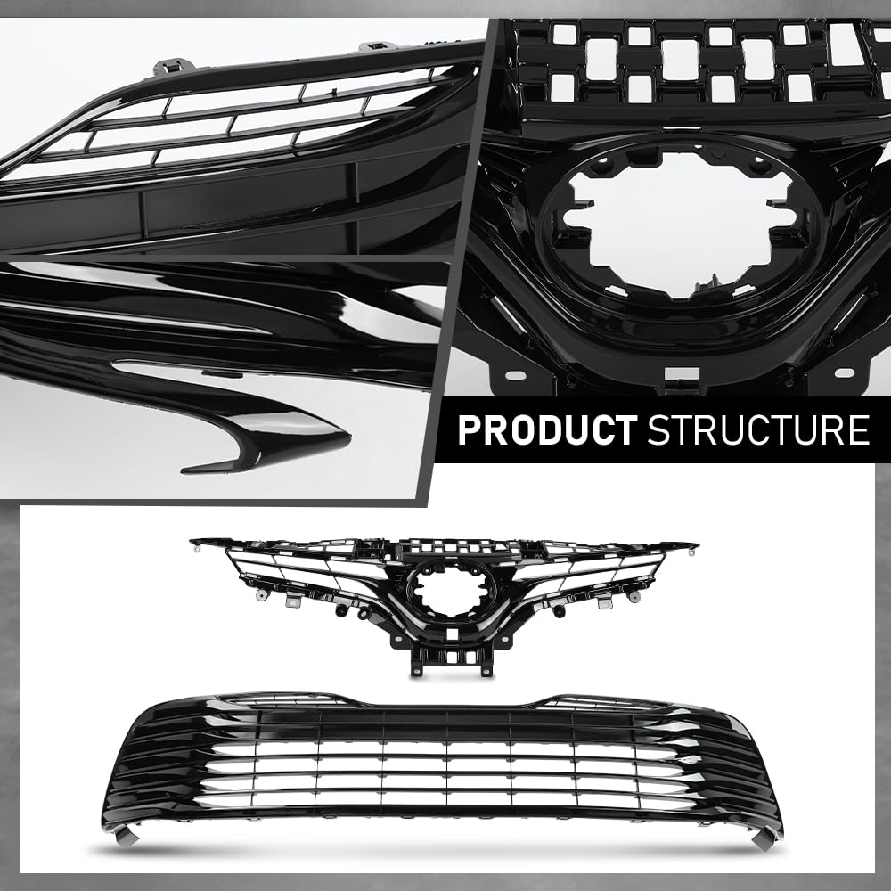 G-PLUS Front Bumper Upper & Lower Grille Black Trim Compatible with Toyota Camry LE XLE 2018-2020 5310106A70