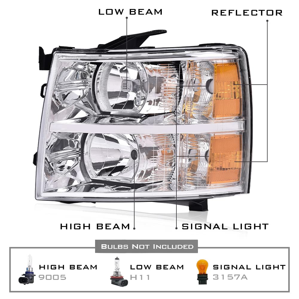 G-PLUS Headlights Assembly HEADLIGHTS | Fit Chevy Silverado 2007-2013/HEADLIGHTS | Fit Chevy Silverado 2500 3500 & HD 07-14 Headlamp,Left Driver Clear Lens Chrome Housing Amber ReflectorBumper Headlamps,faros delanteros