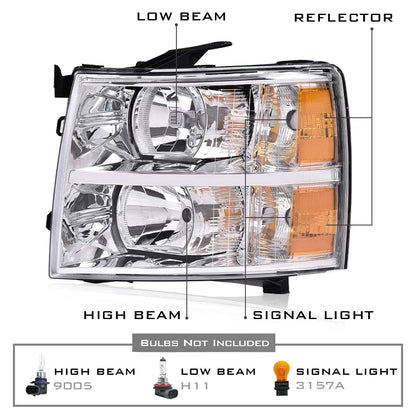 G-PLUS Headlights Assembly HEADLIGHTS | Fit Chevy Silverado 2007-2013/HEADLIGHTS | Fit Chevy Silverado 2500 3500 & HD 07-14 Headlamp,Left Driver Clear Lens Chrome Housing Amber ReflectorBumper Headlamps,faros delanteros