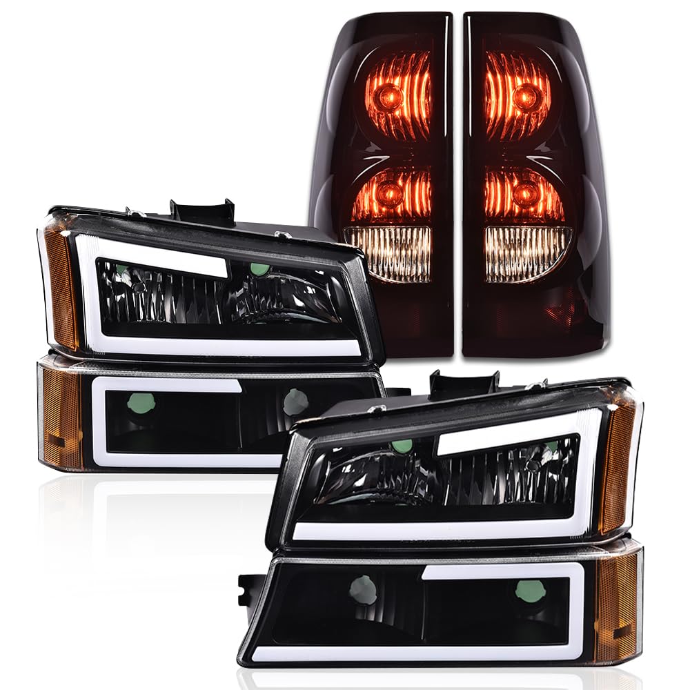 G-PLUS LED DRL Headlights Assembly + Tail Lights Fit Chevy Silverado 1500 1500 HD 2500 2500 HD 2003-2006, Clear Lens Black Housing Amber Reflector Headlamps Assembly Dark Red Taillights