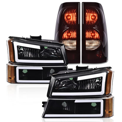 G-PLUS LED DRL Headlights Assembly + Tail Lights Fit Chevy Silverado 1500 1500 HD 2500 2500 HD 2003-2006, Clear Lens Black Housing Amber Reflector Headlamps Assembly Dark Red Taillights