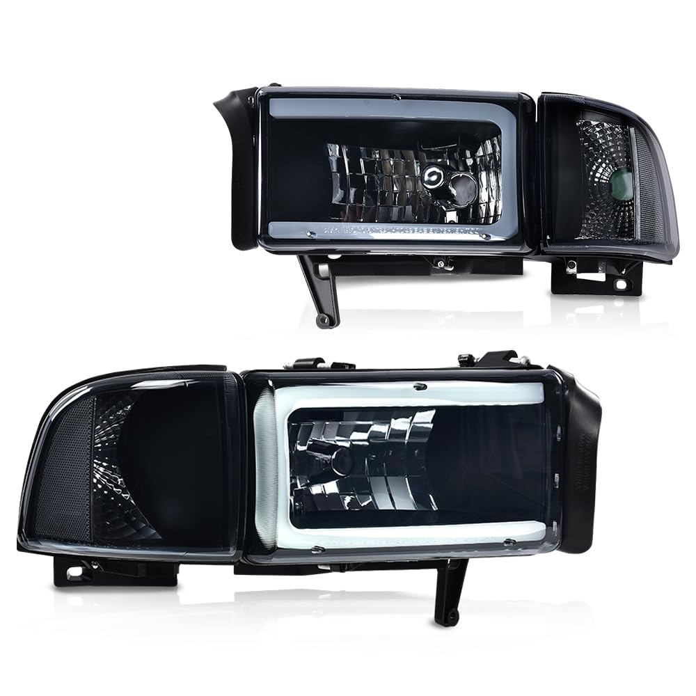 G-PLUS LED Light Strip Headlights Lamps w/o Bulbs Fit Dodge Ram 1500 1994-2001/Dodge Ram 2500 3500 1994-2002,Smoke Lens Black Housing Clear Reflector Bumper Headlamps,faros delanteros Assembly