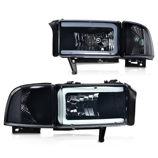 G-PLUS LED Light Strip Headlights Lamps w/o Bulbs Fit Dodge Ram 1500 1994-2001/Dodge Ram 2500 3500 1994-2002,Smoke Lens Black Housing Clear Reflector Bumper Headlamps,faros delanteros Assembly