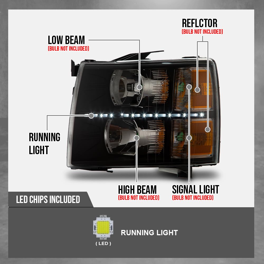 G-PLUS LED DRL Headlights, Fit Chevy Silverado 2007-2013/Fit Chevy Silverado 2500 HD 3500 HD 2007-2014,NOT Fit 07 Old Body Classic Headlamps, Clear Lens Black Housing Amber Reflector,faros delanteros