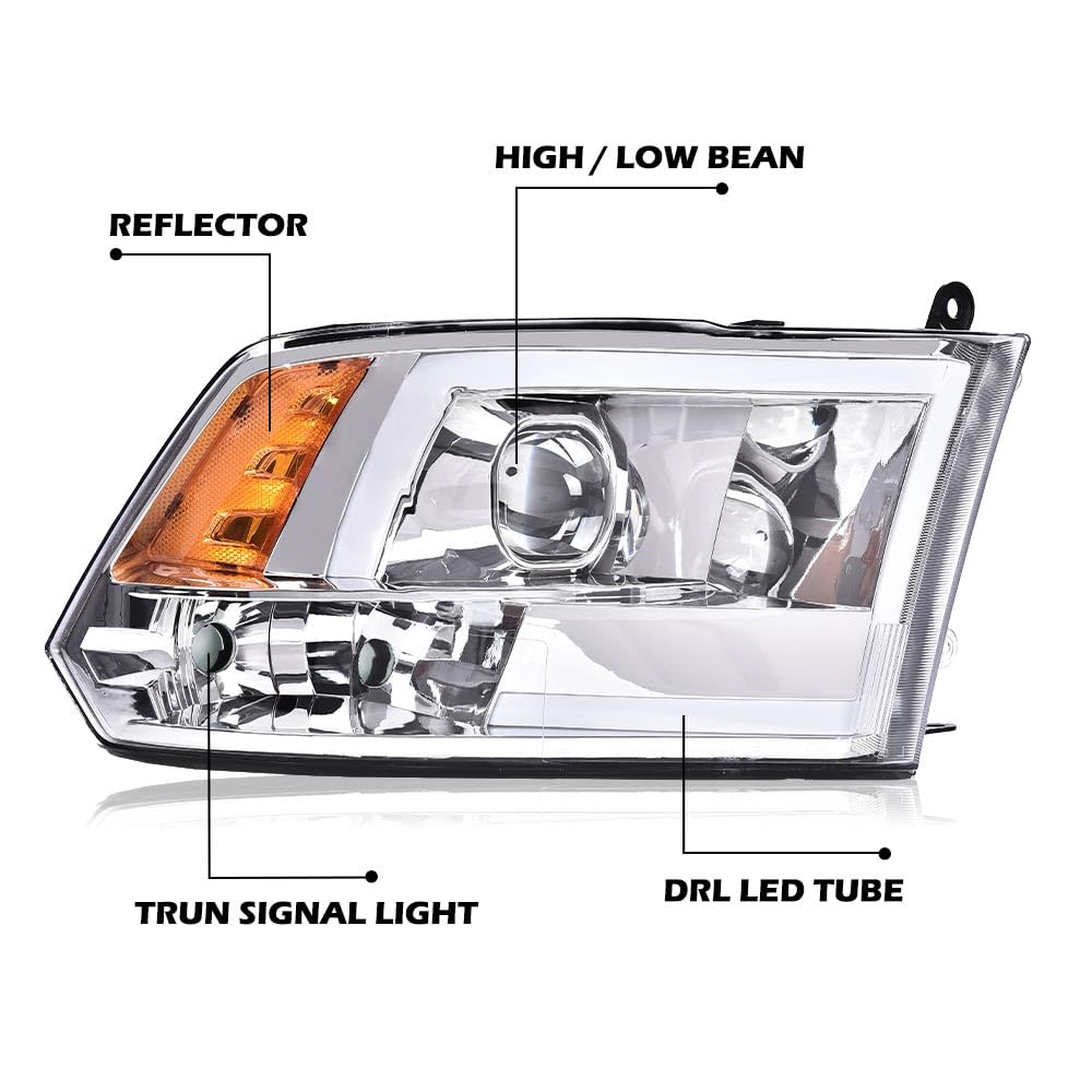 G-PLUS LED DRL Headlights Fit Dodge Ram 1500 2500 3500 2009-2012(New Body), Not Fit One Hole, Clear Lens Chrome Housing Amber Reflector Bumper Headlamps, faros delanteros Assembly