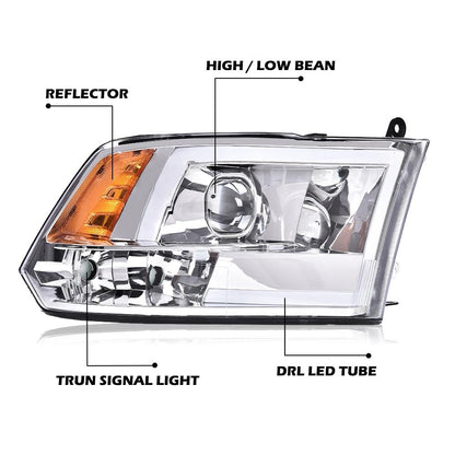 G-PLUS LED DRL Headlights Fit Dodge Ram 1500 2500 3500 2009-2012(New Body), Not Fit One Hole, Clear Lens Chrome Housing Amber Reflector Bumper Headlamps, faros delanteros Assembly