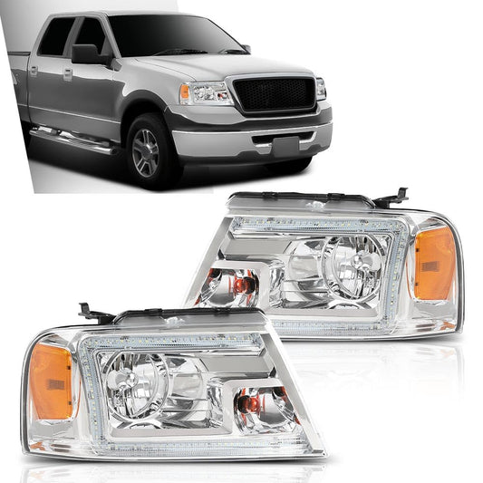 G-PLUS Headlights Assembly, Compatible with 2005 2006 2007 Ford F250 F350 Super Duty Bumper Headlamps, Clear Lens Chrome Housing Amber Reflector