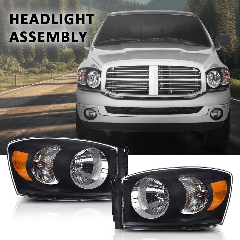 G-PLUS Headlights w/Bulbs Compatible with Dodge Ram 1500 2006-2008/Fit Dodge Ram 2500 3500 2006-2009,CH2503180 Clear Lens Black Housing Amber Reflector Bumper Headlamps,faros delanteros Assembly