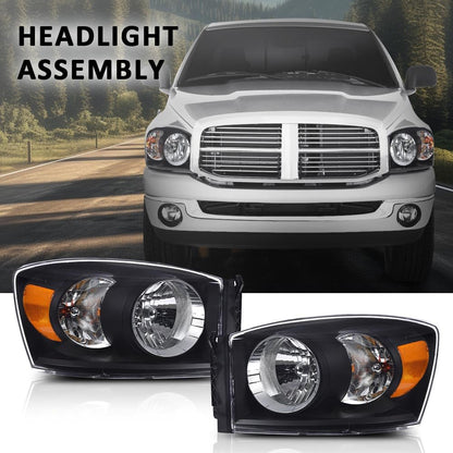 G-PLUS Headlights w/Bulbs Compatible with Dodge Ram 1500 2006-2008/Fit Dodge Ram 2500 3500 2006-2009,CH2503180 Clear Lens Black Housing Amber Reflector Bumper Headlamps,faros delanteros Assembly
