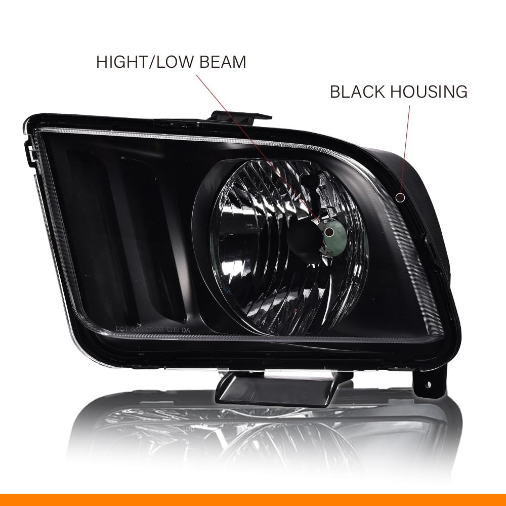 G-PLUS Headlight Compatible with Ford Mustang 2005-2009 Halogen Left Diver Side Clear Lens Black Housing Clear ReflectorBumper Headlamps,faros delanteros