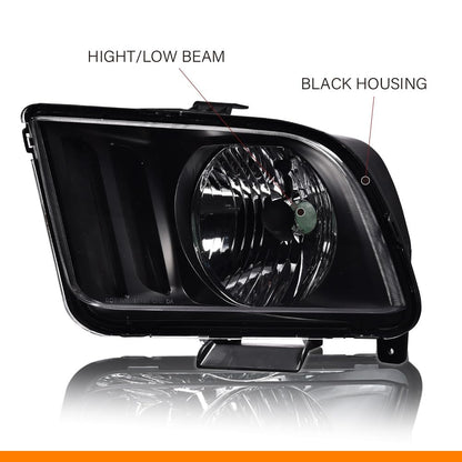 G-PLUS Headlight Compatible with Ford Mustang 2005-2009 Halogen Left Diver Side Clear Lens Black Housing Clear ReflectorBumper Headlamps,faros delanteros