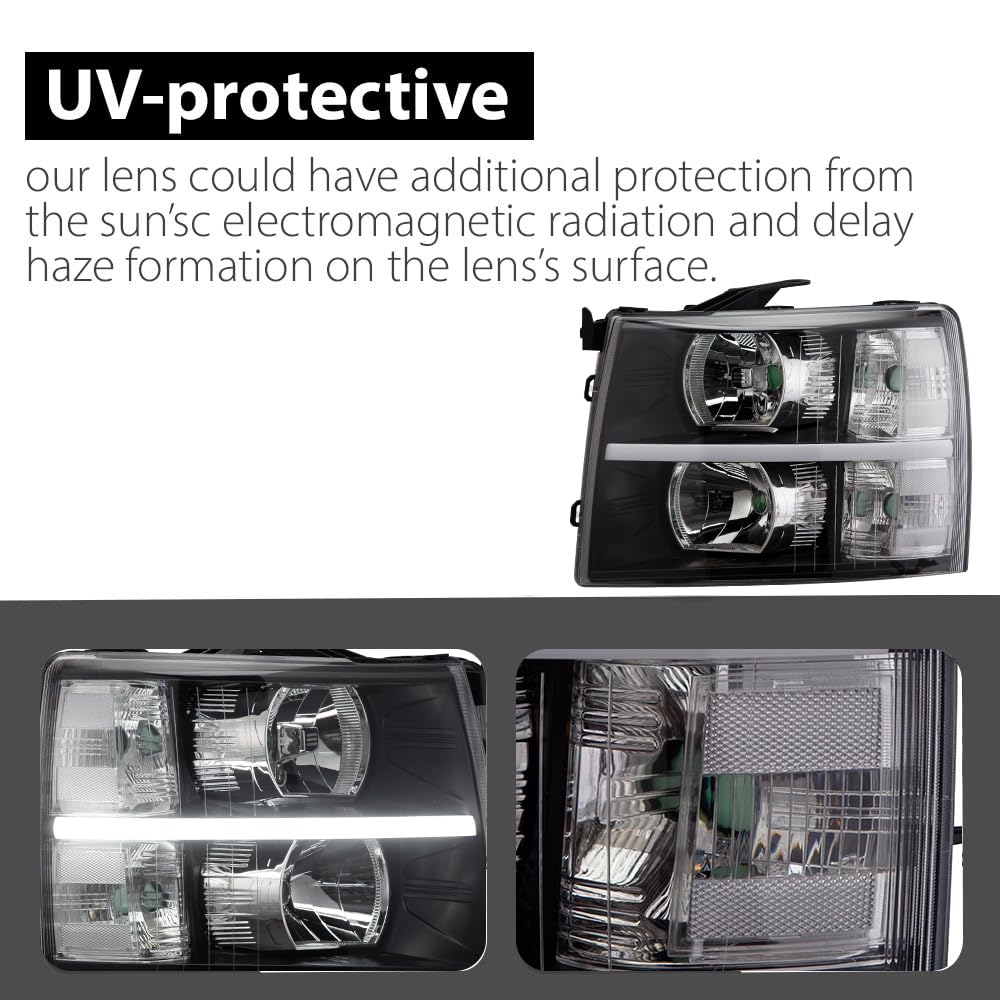 G-PLUS LED DRL Headlights, Fit 2007-2014 Chevy Silverado 2500 3500 & HD Models/Fit 2007-2013 Chevy Silverado 1500 Bumper Headlamps, Clear Lens Black Housing Clear Reflector