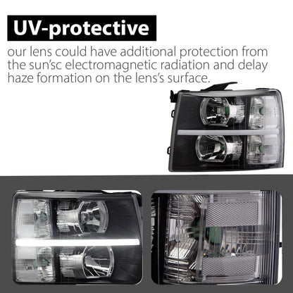 G-PLUS LED DRL Headlights, Fit 2007-2014 Chevy Silverado 2500 3500 & HD Models/Fit 2007-2013 Chevy Silverado 1500 Bumper Headlamps, Clear Lens Black Housing Clear Reflector