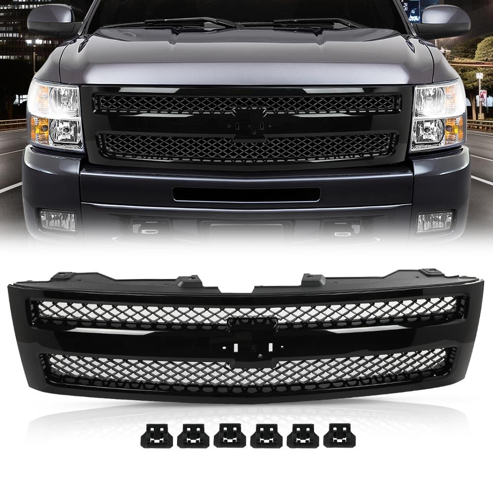 G-PLUS Front Bumper Grille Grill Compatible with Chevy Silverado 1500 Hybrid 2009-2013/Fit Silverado 1500 XFE 2010-2013/Fit Silverado 1500 LS LT LTZ WT 2007-2013 25810707, 19303978