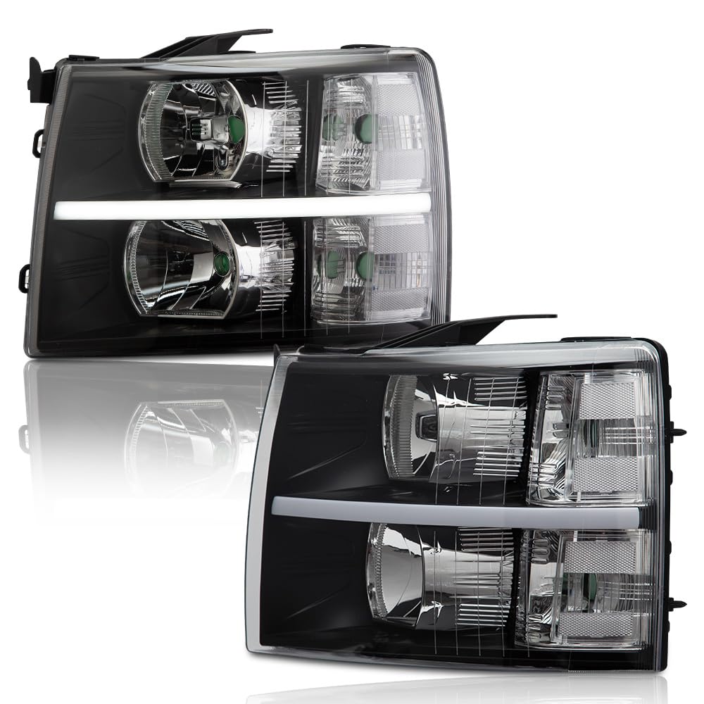 G-PLUS LED DRL Headlights, Fit 2007-2014 Chevy Silverado 2500 3500 & HD Models/Fit 2007-2013 Chevy Silverado 1500 Bumper Headlamps, Clear Lens Black Housing Clear Reflector