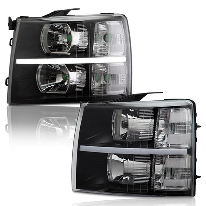 G-PLUS LED DRL Headlights, Fit 2007-2014 Chevy Silverado 2500 3500 & HD Models/Fit 2007-2013 Chevy Silverado 1500 Bumper Headlamps, Clear Lens Black Housing Clear Reflector