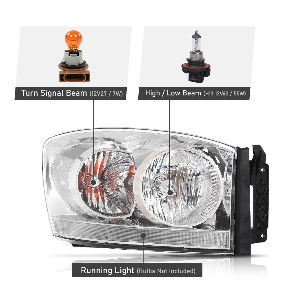 G-PLUS Headlights Assembly w/Bulbs Light Bar Left and Right Side Compatible with Dodge Ram 1500 2006-2008/Fit Dodge Ram 2500 3500 2006-2009 Clear Lens Chrome Housing Clear Reflector