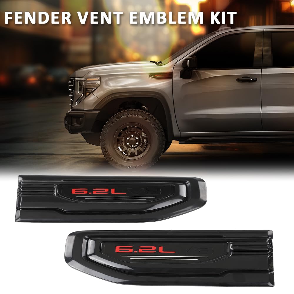 G-PLUS Fender Vent Emblem Kit Compatible with GMC Sierra 1500 6.2L 2019 2020 2021 2022 2023 2024, Fit 6.2L 1500 Model Trucks Only, 85160723 86532094, Black