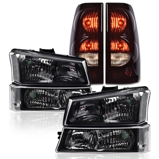 G-PLUS Headlights Assembly + Tail Lights Fit Chevy Silverado 1500 1500 HD 2500 2500 HD 2003-2006, Clear Lens Black Housing Clear Reflector Headlamps Assembly Dark Red Taillights