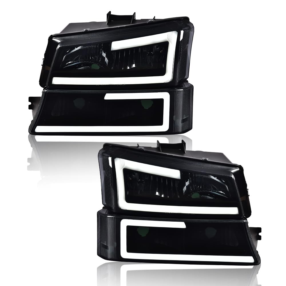 G-PLUS LED Headlights, Compatible with Chevy SIlverado/Avalanche 1500 2500 2003-2006 Left & Right Bumper Headlamps, Smoky Lens Black Housing Clear Reflector,faros delanteros