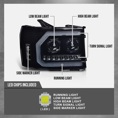 G-PLUS LED DRL Headlights Assembly Compatible with GMC Sierra 1500 2007-2013/Fit GMC Sierra 2500HD 3500HD 2007-2014 Smoky Lens Black Housing Clear Reflector Left & Right Headlamps,faros delanteros