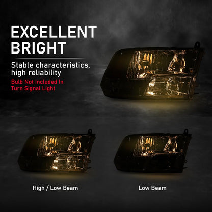 G-PLUS Headlight Assembly w/Bulbs,Fit Dodge Ram 1500 2500 3500 2009-2018 Factory,Front Headlamp Right Passenger Side Clear Lens Chrome Housing Amber Reflector Bumper Headlamps,faros delanteros