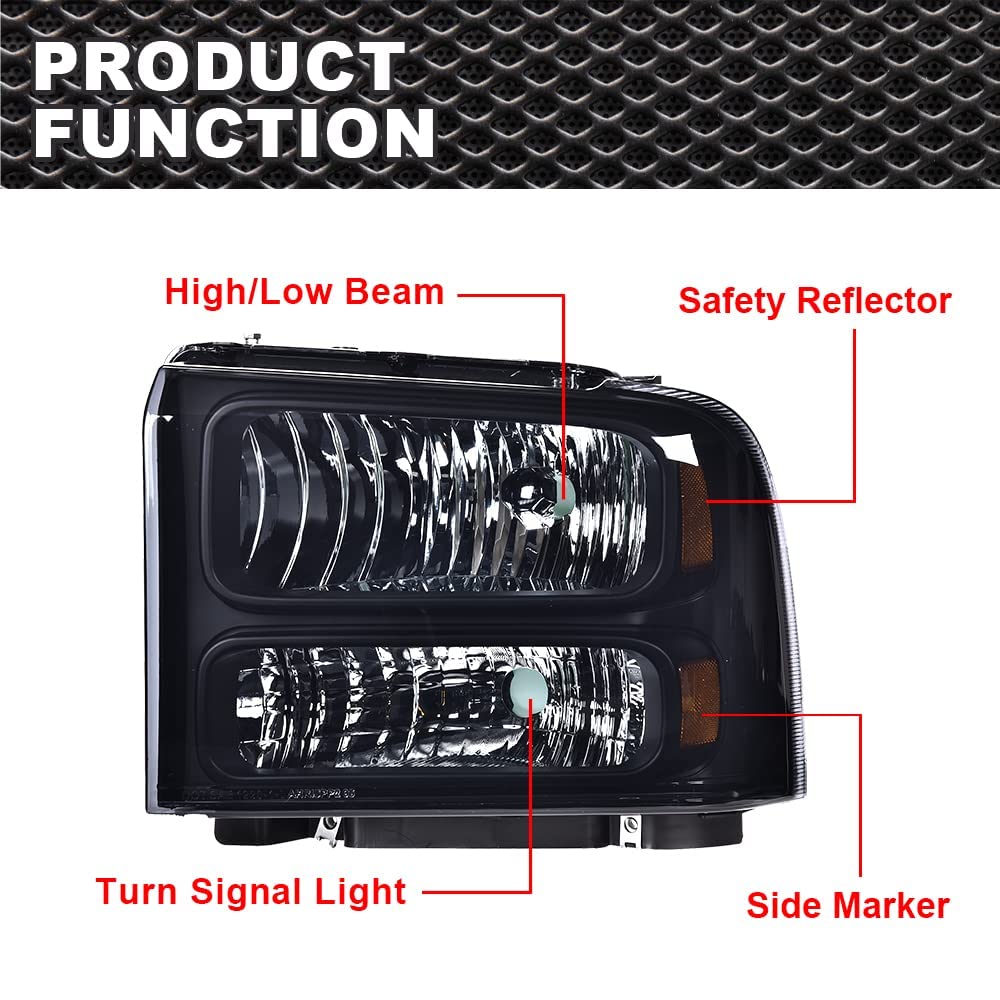 G-PLUS Headlights Assembly, Compatible with 99-04 Ford F250 F350 F450 F550 Super Duty/00-04 Ford Excursion Bumper Headlamps, Smoky Lens Black Housing Amber Reflector,faros delanteros