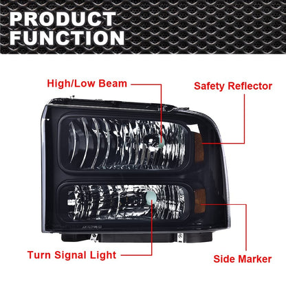 G-PLUS Headlights Assembly, Compatible with 99-04 Ford F250 F350 F450 F550 Super Duty/00-04 Ford Excursion Bumper Headlamps, Smoky Lens Black Housing Amber Reflector,faros delanteros
