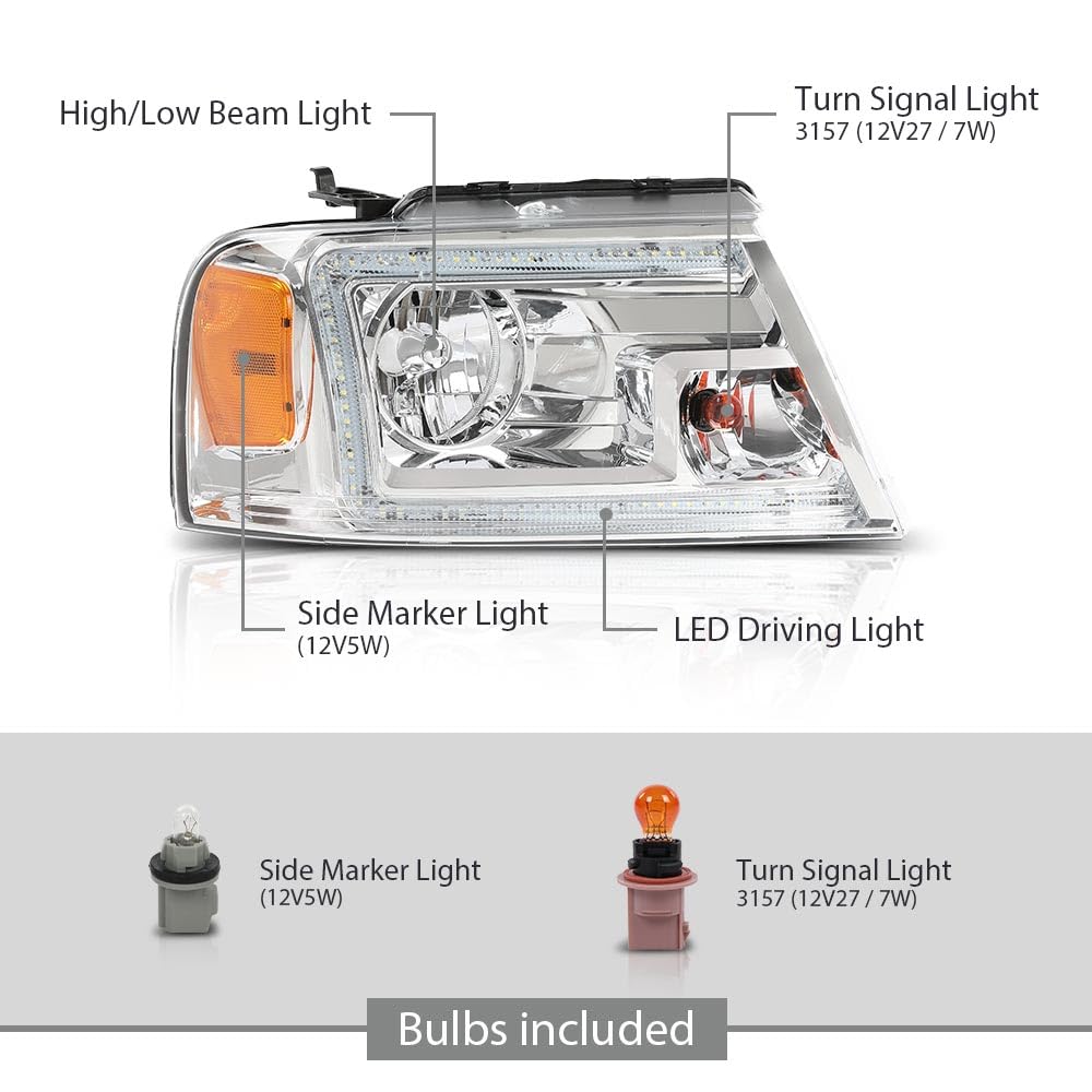 G-PLUS Headlights Assembly, Compatible with 2005 2006 2007 Ford F250 F350 Super Duty Bumper Headlamps, Clear Lens Chrome Housing Amber Reflector