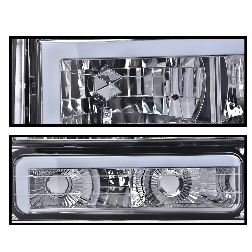 G-PLUS LED DRL headlights, Compatible with 1994 1995 1996 1997 1998 1999 2000 GMC C10 C/K C1500 bumper Headlamp, Smoky lens Chrome Housing Amber Reflector