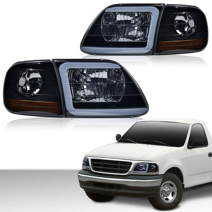 G-PLUS LED Headlights & Corner Parking Assembly Fit Ford F150 1998-2003, Fit Ford Expedition 1997-2002, Headlamps Smoky Lens Black Housing Amber Reflector, faros delanteros