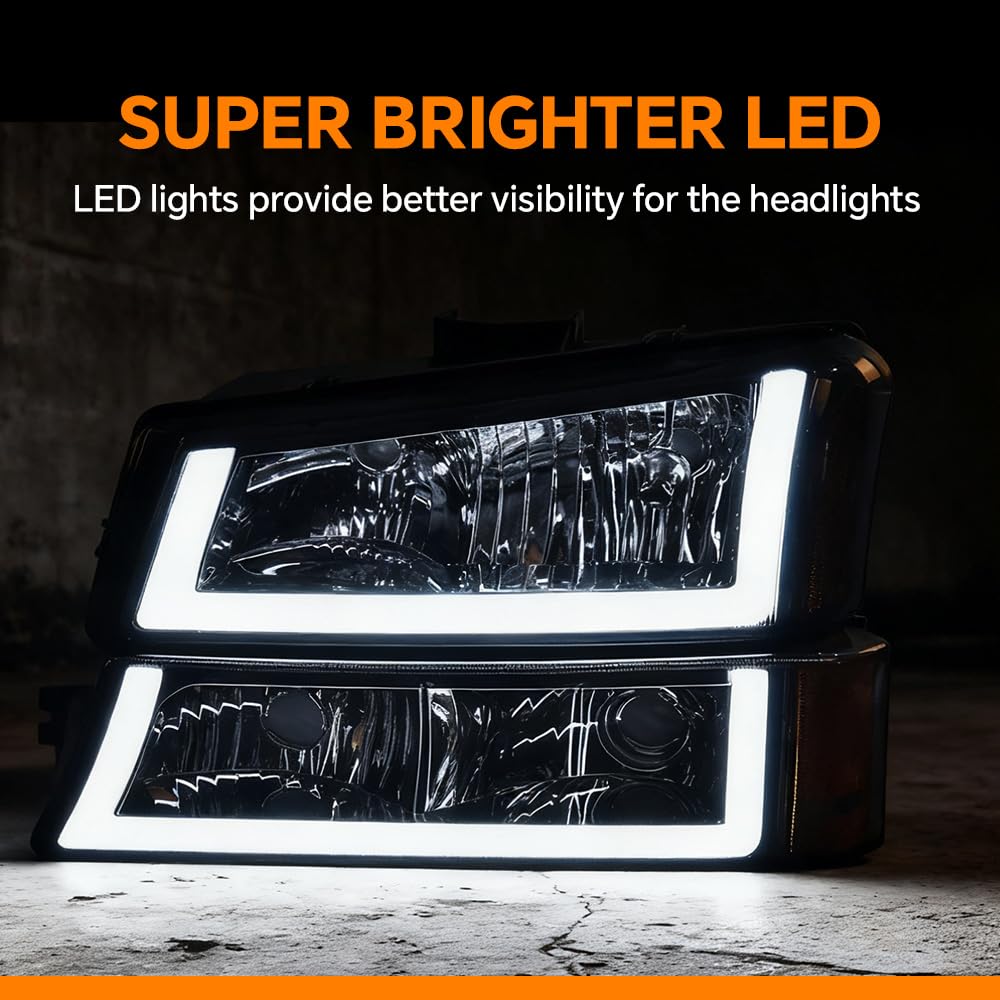 G-PLUS LED DRL headlights, Compatible with 2003 2004 2005 2006 Chevy Silverado 1500/1500 HD/2500 HD/3500 Bumper Headlamps, Smoky Lens Chrome Housing Amber Reflector,faros delanteros