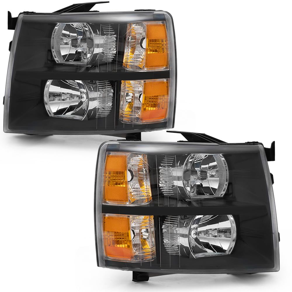 G-PLUS Headlights Assembly, Compatible with Chevy Silverado 1500 2007-2013/Fit Chevy Silverado 2500 HD 3500 HD 2007-2014 Bumper Headlamps, Clear Lens Black Housing Amber Reflector,faros delanteros