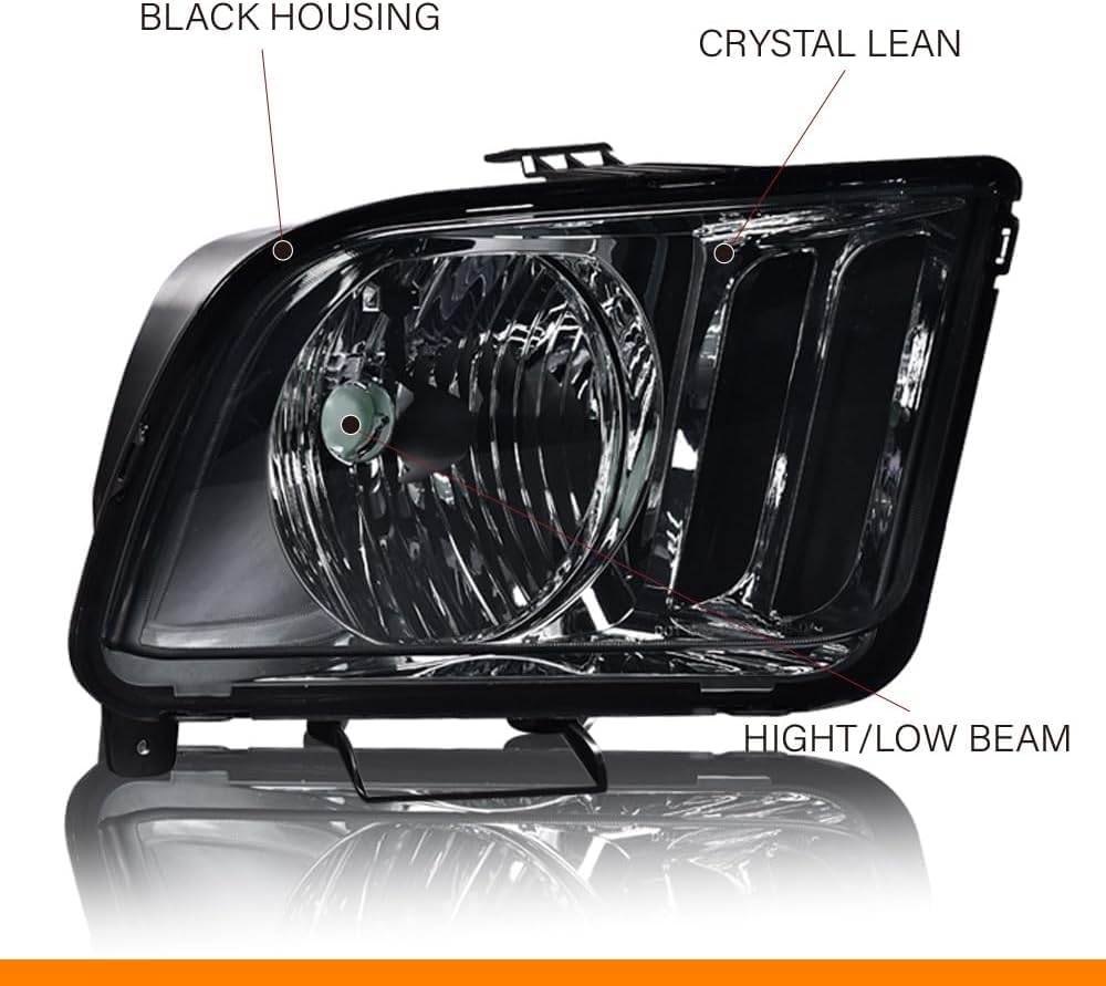 G-PLUS Headlights Assembly Compatible with Ford Mustang 2005-2009 4R3Z13008AA 4R3Z13008AB Bumper Headlamps Left & Right Smoky Lens Chrome Housing Amber Reflector faros delanteros
