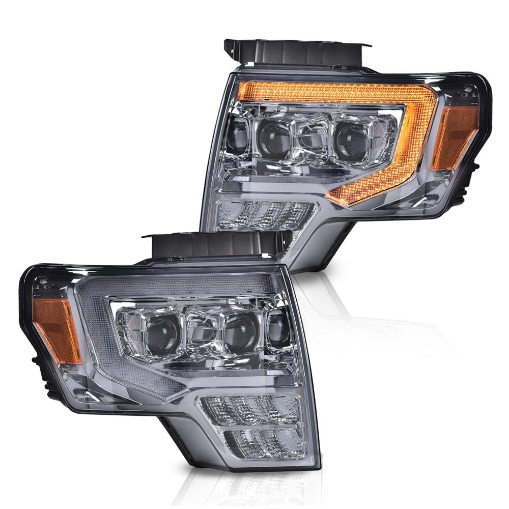 G-PLUS LED Tube Dual Projector Headlights Assembly, Fit for 2009-2014 Ford F150(Only Fit LED) Bumper Headlamps Smoky Lens Chrome Housing Amber Reflector,faros delanteros