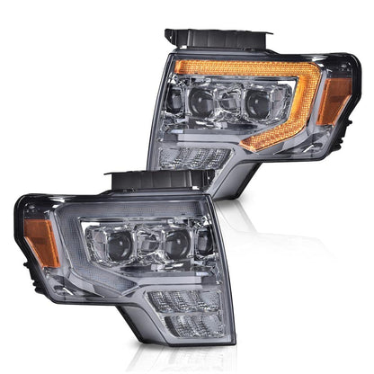 G-PLUS LED Tube Dual Projector Headlights Assembly, Fit for 2009-2014 Ford F150(Only Fit LED) Bumper Headlamps Smoky Lens Chrome Housing Amber Reflector,faros delanteros