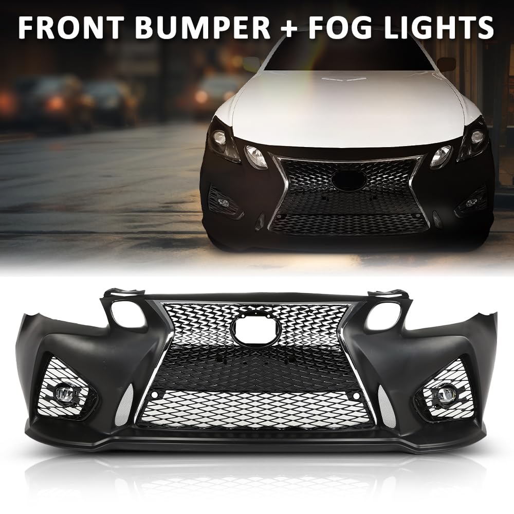 G-PLUS Front Bumper Set 8Pcs Compatible with 2013-2015 LX GS GS350 GS450 Conversion 16+ GS F, (1 Front Bumper +1 Center Grille+2 Fog Lamp Frame + 2 Fog Lights + 1 License Plate + 1 Small Bracket)
