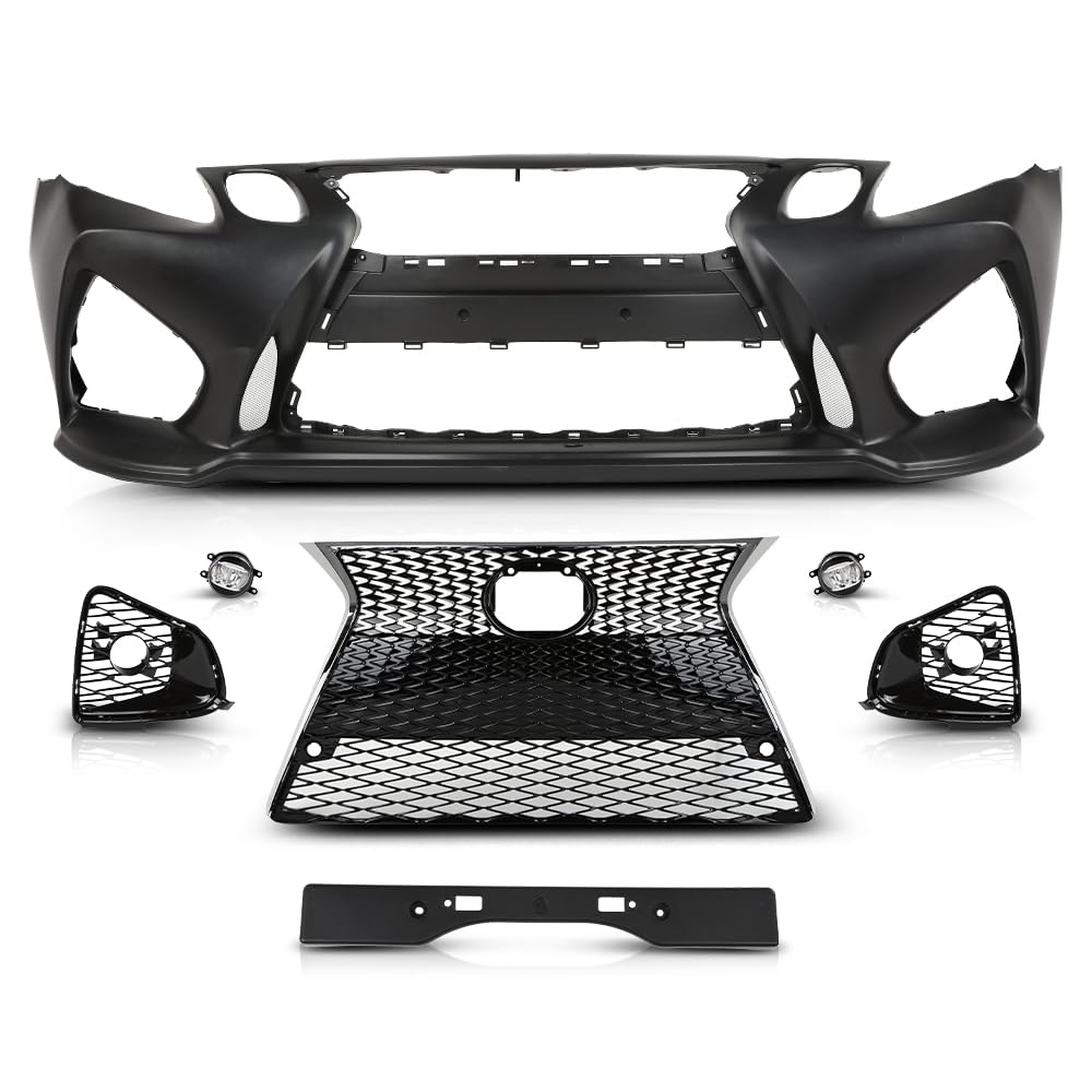 G-PLUS Front Bumper Set (1 × Bumper, 1 × Grille, 2 × Fog Light Cover, 2 × Fog Light) Compatible with 2006-2011 LX GS GS300 GS350 to 16+ GS F Style Black