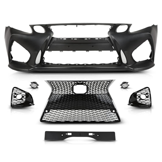 G-PLUS Front Bumper Set (1 × Bumper, 1 × Grille, 2 × Fog Light Cover, 2 × Fog Light) Compatible with 2006-2011 LX GS GS300 GS350 to 16+ GS F Style Black