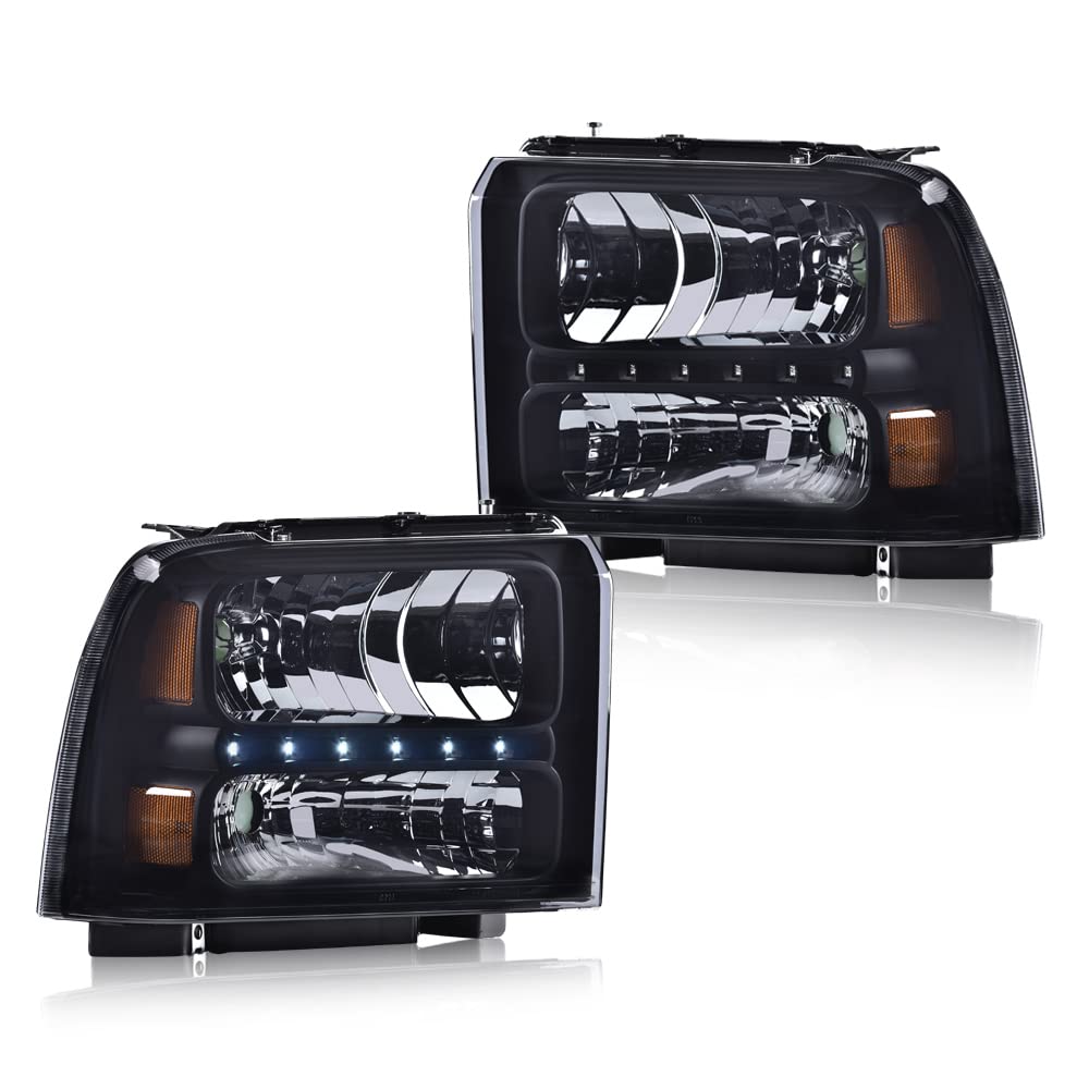 G-PLUS LED Smoked LED DRL headlights, Compatible with 2005 2006 2007 Ford F250 F350 F450 F550 Super Duty Bumper Headlamps, Smoky Lens Black Housing Amber Reflector,faros delanteros