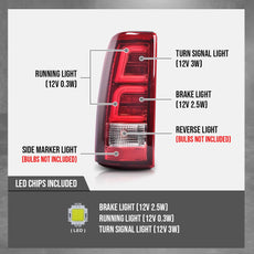 G-PLUS LED Tube Tail Lights for Chevy Silverado GMC Sierra 1999-2006 Red Chrome Side View