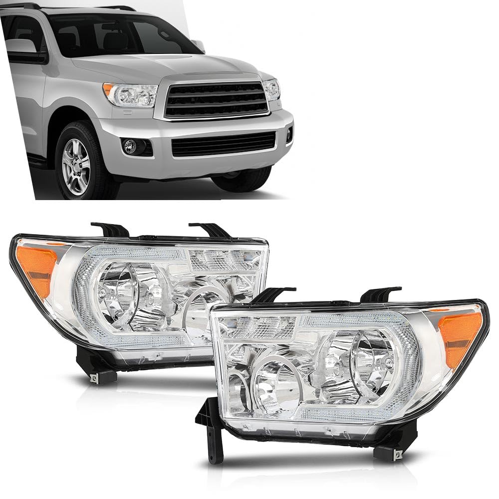 G-PLUS LED DRL Headlights Compatible with Toyota Tundra 2007-2013,Fit 2008-2017 Toyota Sequoia Headlamps Assembly Left & Right Clear Lens Chrome Housing Amber Reflector,faros delanteros