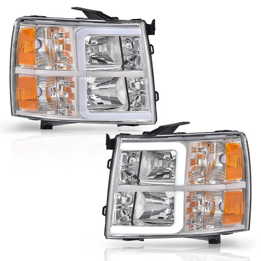 G-PLUS LED DRL Tube Projector Headlights W/o Bulbs HEADLIGHTS | Fit Chevy Silverado 1500 2007-2013/Fit Silverado 2500 HD 3500 HD 2007-2014 Clear Lens Chrome Housing Amber Reflector Bumper Headlamps