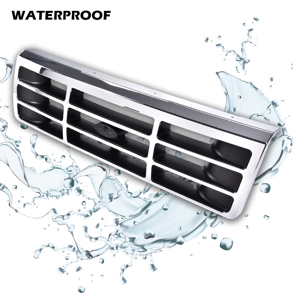 G-PLUS Front Grille Compatible with 1992-1997 Ford F250 F350 Platinum Chrome w/Emblem Truck Replacement