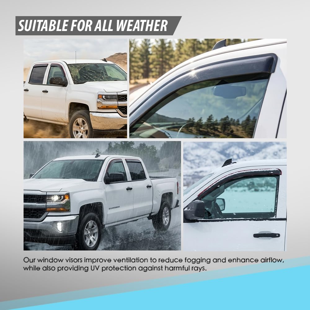 G-PLUS in-Channel Auto Vent Window Visor Compatible with Chevy Silverado/GMC Sierra 1500 2014-2018 Fit Chevy Silverado/GMC Sierra 2500 HD 3500 HD 2015-2019 Only Fit Crew Cab 194536 4PCS Smoky