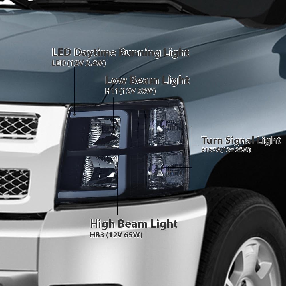 G-PLUS DRL Tube Projector LED Headlights Assembly Fit Chevy Silverado 1500 2007-2013, Fit Chevy Silverado 2500 HD 3500 HD 2007-2014 Headlamps w/o Bulbs Smoky Lens Black Housing Clear Reflector
