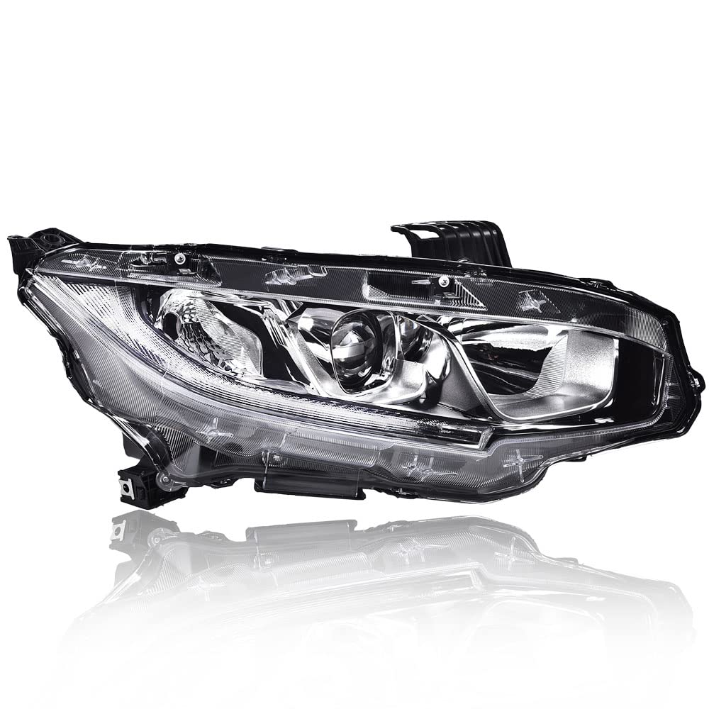G-PLUS Headlights Assembly, Compatible with 2016 2017 2018 2019 2020 2021 Honda Civic Right bumper Headlamp, Clear lens Chrome Housing Clear Reflector